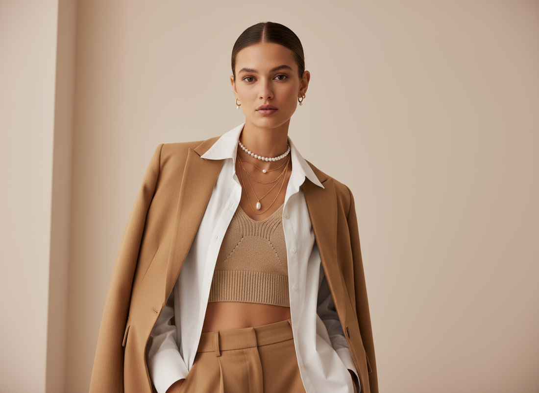 Model trägt kombinierten Perlenschmuck im Mix-and-Match-Stil