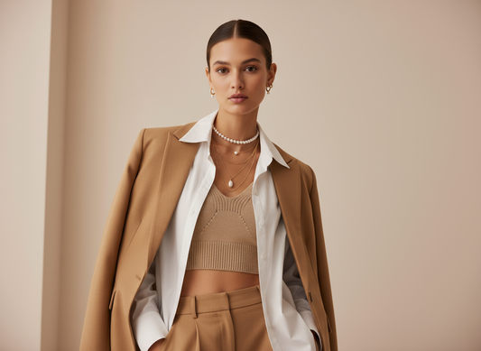 Model trägt kombinierten Perlenschmuck im Mix-and-Match-Stil