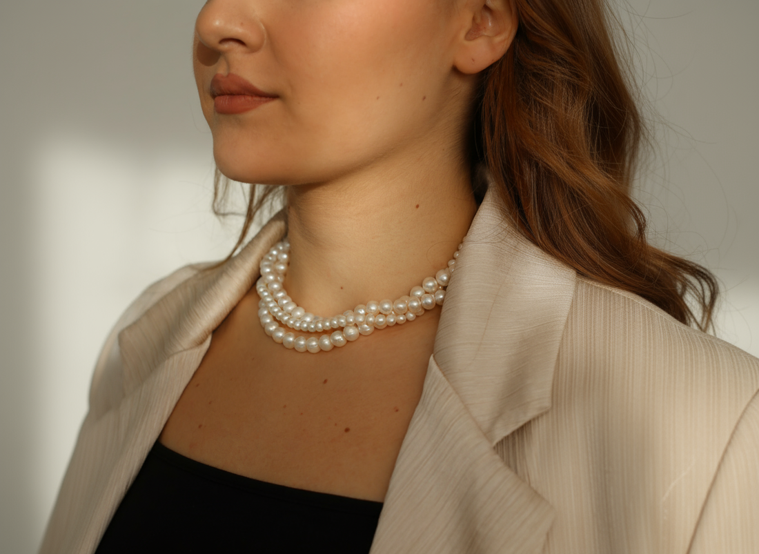 Frau trägt klassische Perlenkette als zeitloses Schmuck-Basic