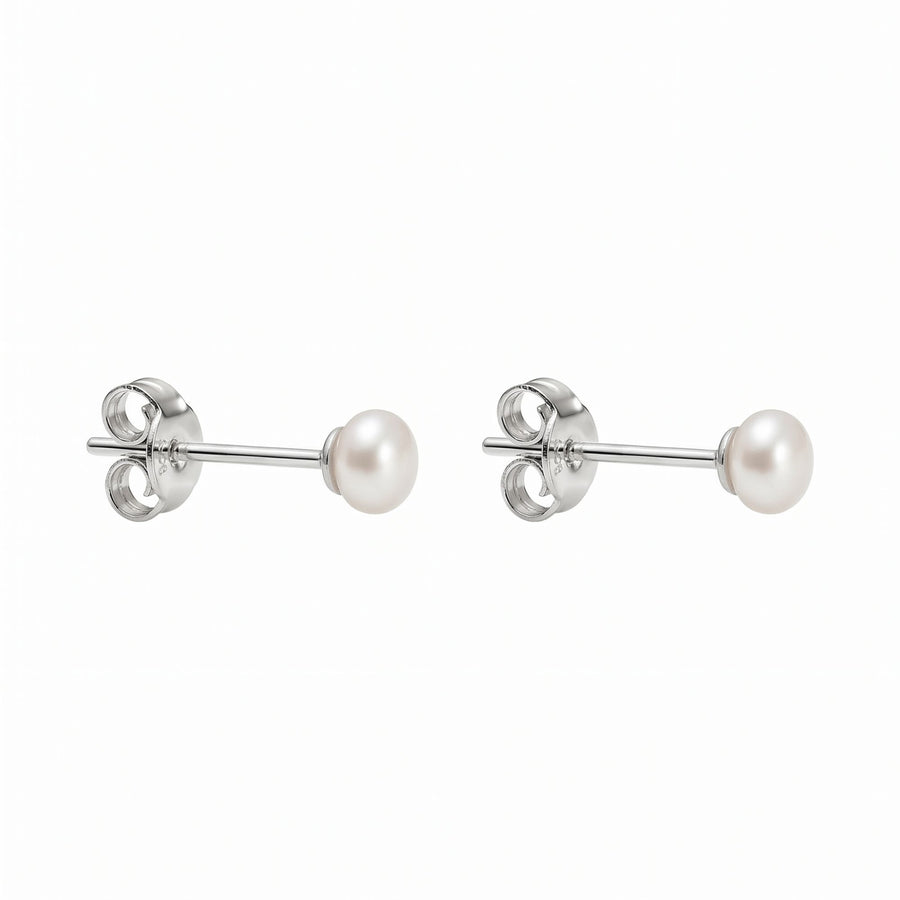 Weiße Perlen-Ohrstecker in Button-Form aus 925er Silber, 4 mm