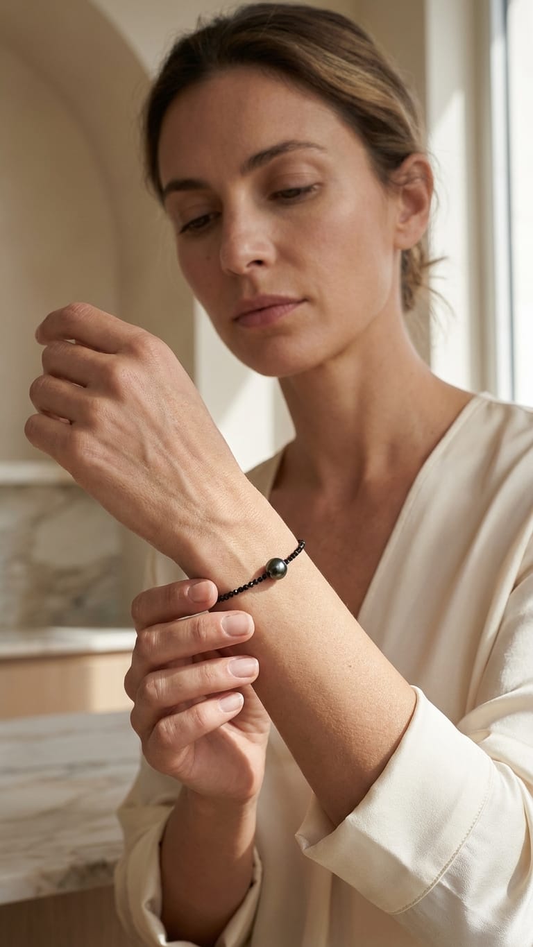 Perlenarmband mit Tahiti und Spinell, Nahansicht