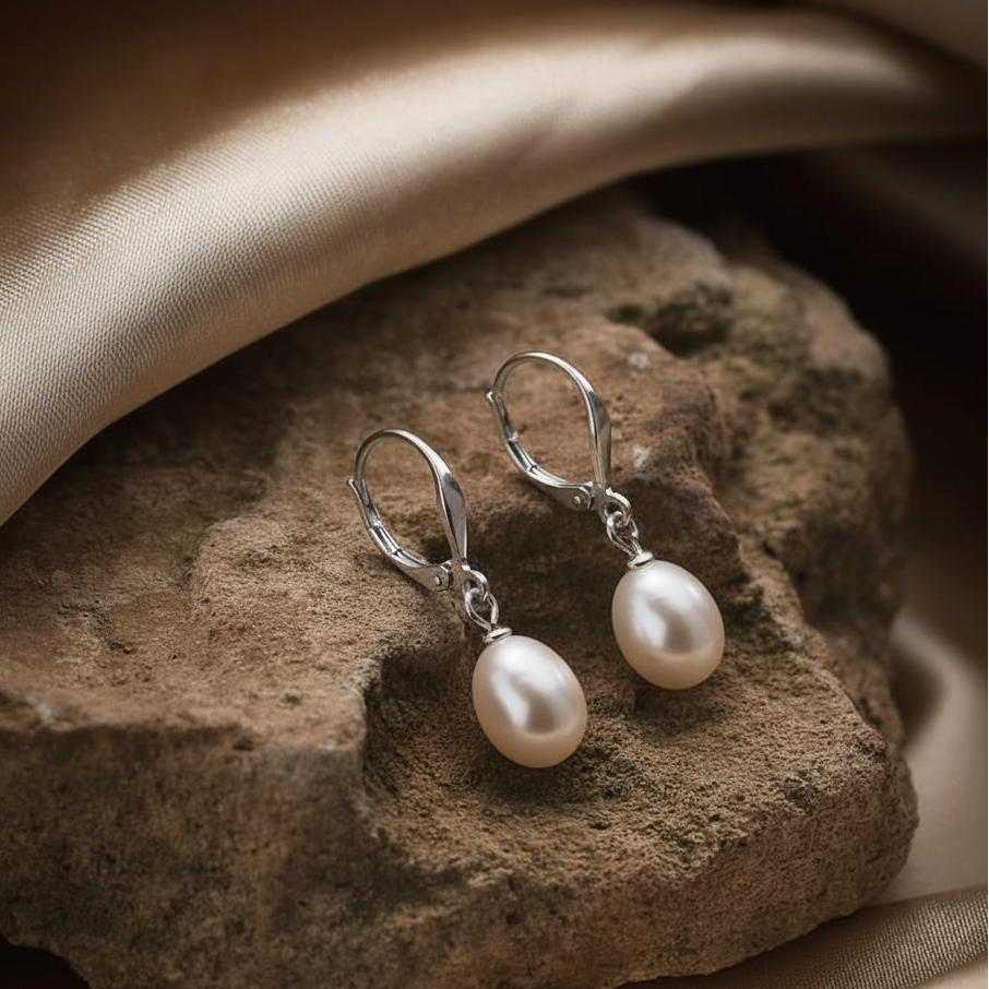 Tropfenförmige Perlenohrringe mit silberfarbenen Bügeln, auf Naturstein und Satin drapiert.